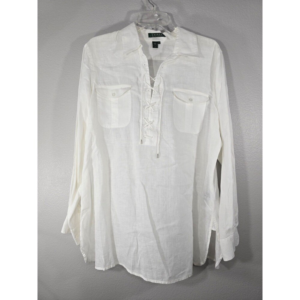 Lauren Ralph Lauren White Linen Lace Up Tunic Shirt Size XL resort Boho AG